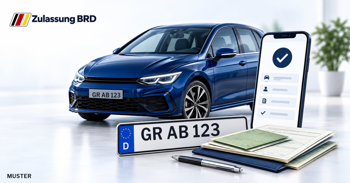 Online Fahrzeugzulassung in Ebersbach-Neugersdorf: Musterkennzeichen GR AB 123, Auto und Fahrzeugpapiere und Smartphone. Illustration mit Logo von Zulassung BRD.